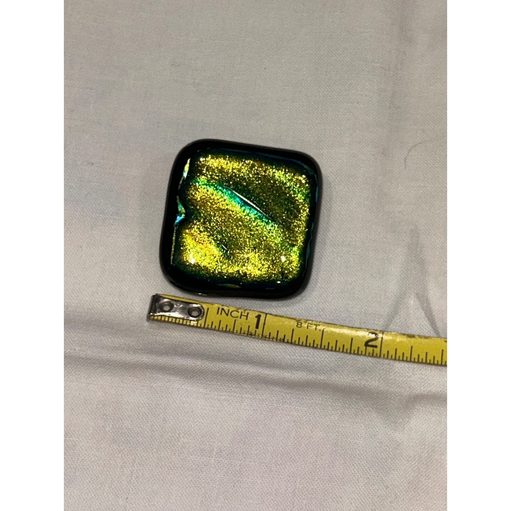 Dichroic Fused Glass Brooch Square Gold Green Teal Shimmer Artisan Pin 1.5" - Picture 5 of 5